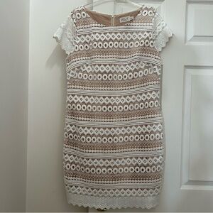 Eliza J White and Nude Lace Mini Dress